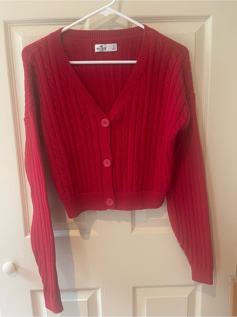 Hollister Bright Red Ribbed Cable V-Neck Button Cardigan